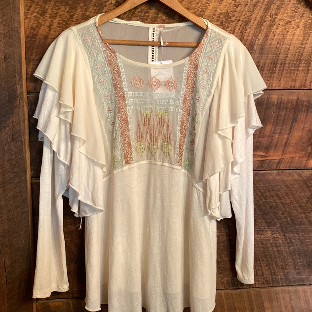 Free People Cream Embroidered Ruffle Sleeve Top